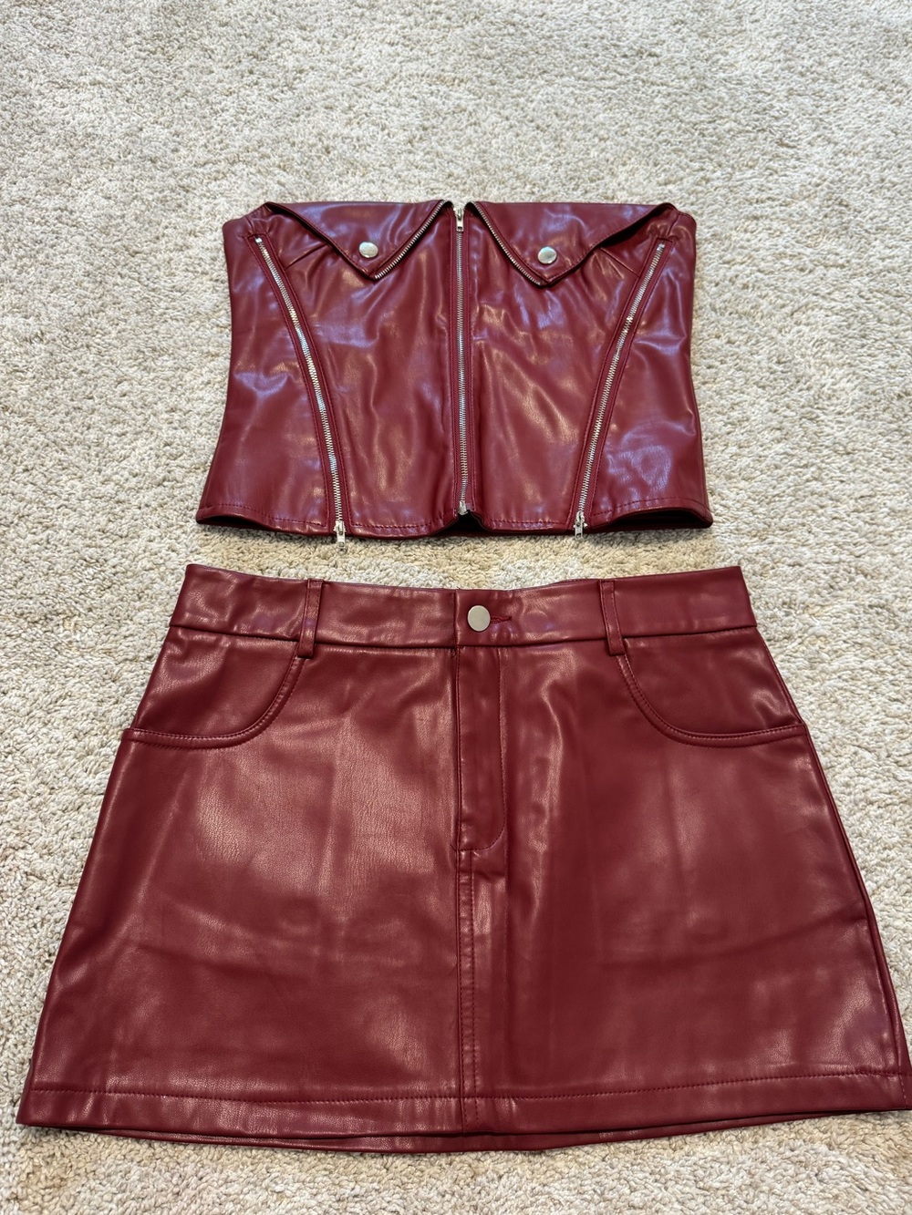 Edikted Leather Burgundy Mini Skirt Set